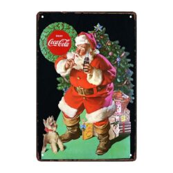 vintage metal plate santa coca cola puppy