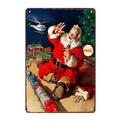 vintage metal plate santa coca cola little train